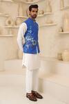 Shop_Courtyard By Abhi_Blue Lycra Embroidery Handcrafted Nehru Jacket And Kurta Set _at_Aza_Fashions
