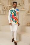 Buy_Courtyard by abhi_White Lycra Colourful Abstract Nehru Jacket And Kurta Set _at_Aza_Fashions