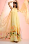 Buy_Mandira Wirk Resort_Yellow Chiffon, Crepe Halter Neck Printed Dress _at_Aza_Fashions