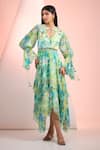 Buy_Mandira Wirk Resort_Green Chiffon Tassels, Embroidery Keyhole Neck Printed Dress _at_Aza_Fashions