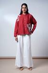 Buy_Madder Much_Red Cotton Embroidery Collared Bloom And Beyond Brick Top & Pant Set _at_Aza_Fashions