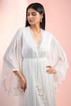 Mandira Wirk Resort_Off White Chiffon Tassels V-neck Solid Dress _Online_at_Aza_Fashions