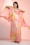 Buy_Mandira Wirk Resort_Peach Chiffon Lace V-neck Printed Dress _at_Aza_Fashions