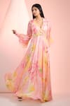 Buy_Mandira Wirk Resort_Pink Chiffon Beads V-neck Floral Printed Dress _at_Aza_Fashions