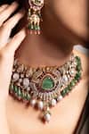 Shop_Joules By Radhika_Green Gemstones, Pearls Chinmaya Necklace Set _at_Aza_Fashions