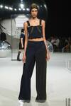 Buy_Somya Goyal_Blue Viscose, Polyester, Spandex Eclipse Pinstripe Trousers _at_Aza_Fashions