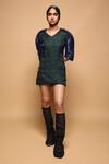 Buy_Somya Goyal_Green Organza, Viscose V-neck Electric Vein Dress _Online_at_Aza_Fashions