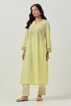 Buy_Priya Chaudhary_Yellow Cotton Embroidery Split V-neck Machine Kurta Pant Set _Online_at_Aza_Fashions