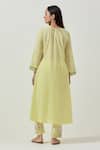 Shop_Priya Chaudhary_Yellow Cotton Embroidery Split V-neck Machine Kurta Pant Set _at_Aza_Fashions