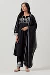 Buy_Priya Chaudhary_Black Cotton Embroidery Split V-neck Machine Kurta Set _at_Aza_Fashions