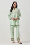 Buy_Priya Chaudhary_Green Cotton Embroidery Collared Machine Kurta And Pant Set _at_Aza_Fashions