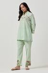 Priya Chaudhary_Green Cotton Embroidery Collared Machine Kurta And Pant Set _Online_at_Aza_Fashions