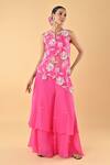 Buy_Keith Gomes_Pink Silk Organza Embroidery, Sequins Round Neck Floral Tunic And Palazzo Set _at_Aza_Fashions