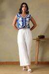 Buy_Tashee_Blue Cotton Embroidery V-neck Jacket With Ivory Pants _at_Aza_Fashions