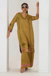 Buy_Saahiil Kapoor_Mustard Linen, Satin Embroidery V-neck Kurta Pant Set _at_Aza_Fashions