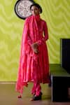 Buy_Deep Thee_Fuchsia Crepe, Silk, Chanderi Sequins Round Floral Print Gather Anarkali Set _at_Aza_Fashions