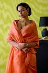 Deep Thee_Orange Organza, Silk Embroidery, Applique Sweetheart Neck Rust Saree Set _Online_at_Aza_Fashions
