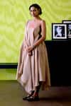 Buy_Deep Thee_Beige Chanderi Cut Work, Zari One Shoulder Mocha Dress _at_Aza_Fashions