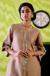 Shop_Deep Thee_Brown Chanderi, Organza Embroidery, Applique Mocha Straight Kurta And Pant Set _Online_at_Aza_Fashions