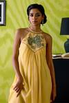 Shop_Deep Thee_Yellow Chanderi Embroidery, Zari Halter Neck Buttercup Dress _Online_at_Aza_Fashions