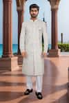 Buy_Arihant Rai Sinha_Cream Georgette, Polyester, Viscose Embroidery, Sequins Thread Sherwani Set _at_Aza_Fashions