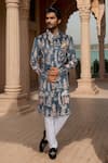 Buy_Arihant Rai Sinha_Blue Silk, Polyester, Viscose Sequins, Bluish Grey Thread Sherwani Set _at_Aza_Fashions