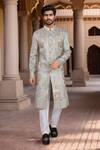 Buy_Arihant Rai Sinha_Blue Silk, Polyester, Viscose Embroidery, Sequins Sherwani And White Pant Set _at_Aza_Fashions