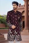 Arihant Rai Sinha_Wine Silk, Polyester, Viscose Embroidery, Sequins Blend Sherwani Set _Online_at_Aza_Fashions