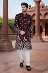 Buy_Arihant Rai Sinha_Wine Silk, Polyester, Viscose Embroidery, Sequins Blend Sherwani Set _at_Aza_Fashions