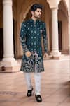 Buy_Arihant Rai Sinha_Blue Silk, Polyester, Viscose Embroidery, Sequins Blend Sherwani And White Pant _at_Aza_Fashions