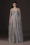 Pooja Peshoria_Silver Net, Crepe, Viscose Sequins Round Neck Hand Embroidered Cape Gown _Online_at_Aza_Fashions