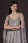 Buy_Pooja Peshoria_Silver Net, Crepe, Viscose Sequins Round Neck Hand Embroidered Cape Gown _Online_at_Aza_Fashions