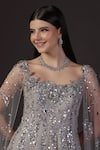 Shop_Pooja Peshoria_Silver Net, Crepe, Viscose Sequins Round Neck Hand Embroidered Cape Gown _Online_at_Aza_Fashions