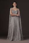 Pooja Peshoria_Silver Net, Crepe, Viscose Sequins Round Neck Hand Embroidered Cape Gown _at_Aza_Fashions