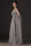 Buy_Pooja Peshoria_Silver Net, Crepe, Viscose Sequins Round Neck Hand Embroidered Cape Gown 