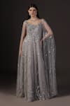 Buy_Pooja Peshoria_Silver Net, Crepe, Viscose Sequins Round Neck Hand Embroidered Cape Gown _at_Aza_Fashions