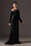 Pooja Peshoria_Black Polyester, Velour Sequins, Embroidery Asymmetric Velvet One-shoulder Gown _at_Aza_Fashions