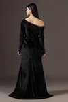 Shop_Pooja Peshoria_Black Polyester, Velour Sequins, Embroidery Asymmetric Velvet One-shoulder Gown _at_Aza_Fashions