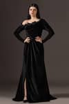 Buy_Pooja Peshoria_Black Polyester, Velour Sequins, Embroidery Asymmetric Velvet One-shoulder Gown _at_Aza_Fashions