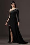 Shop_Pooja Peshoria_Black Crepe Crystals Asymmetric One-shoulder Embellished Gown _Online_at_Aza_Fashions