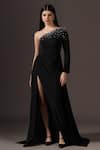 Buy_Pooja Peshoria_Black Crepe Crystals Asymmetric One-shoulder Embellished Gown _at_Aza_Fashions
