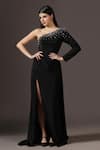 Buy_Pooja Peshoria_Black Crepe Crystals Asymmetric One-shoulder Embellished Gown 