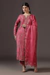 Shop_Pooja Peshoria_Pink Silk, Organza Sequins, Crystals, Cut Work Royal Hand Embroidered Kurta Set _at_Aza_Fashions