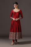 Pooja Peshoria_Red Silk, Net Sequins, Embroidery Round Neck Hand Anarkali Set _Online_at_Aza_Fashions