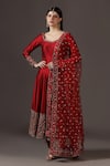Buy_Pooja Peshoria_Red Silk, Net Sequins, Embroidery Round Neck Hand Anarkali Set _at_Aza_Fashions