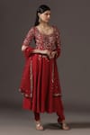 Shop_Pooja Peshoria_Red Polyester, Georgette, Net Crystals, Zari Round Hand Embroidered Anarkali Set 