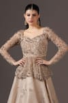 Buy_Pooja Peshoria_Gold Organza, Net Sequins, Beads Champagne Hand Embroidered Lehenga Set 