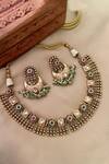 Buy_Saga Jewels_Green Gemstones, Pearls Designer Necklace And Earring Set _at_Aza_Fashions