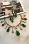 Buy_Saga Jewels_Green Stones, Rhinestones Designer Leaf Motif Necklace And Earrings _at_Aza_Fashions