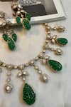 Shop_Saga Jewels_Green Stones, Rhinestones Designer Leaf Motif Necklace And Earrings _at_Aza_Fashions